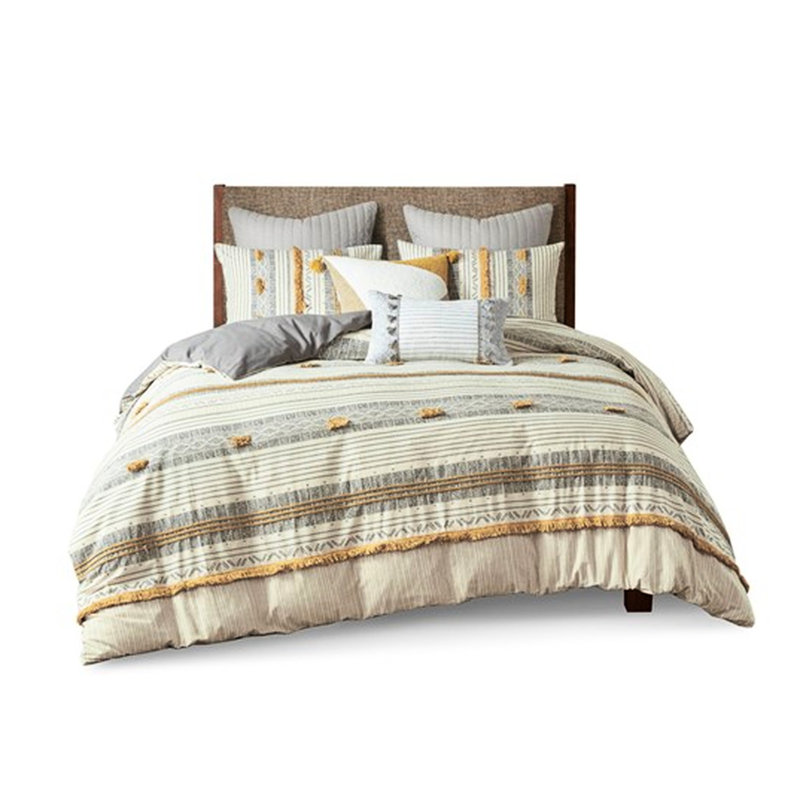 Housse de couette en coton rayée grise et jaune