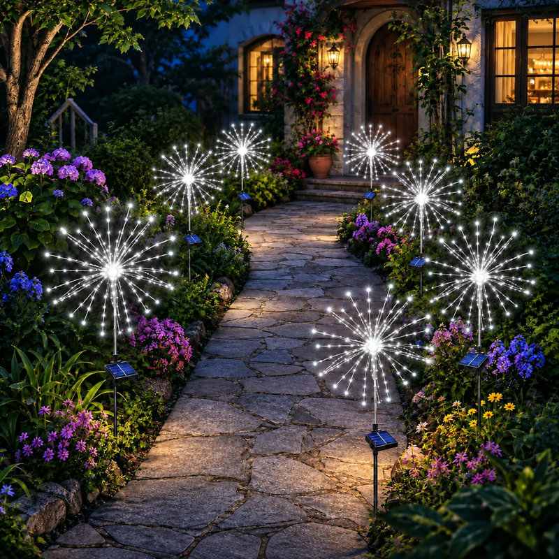 8 modes de feux d'artifice solaires et 120 lumières de paysage de jardin à DEL imperméables pour le décor des Fêtes, Blanc