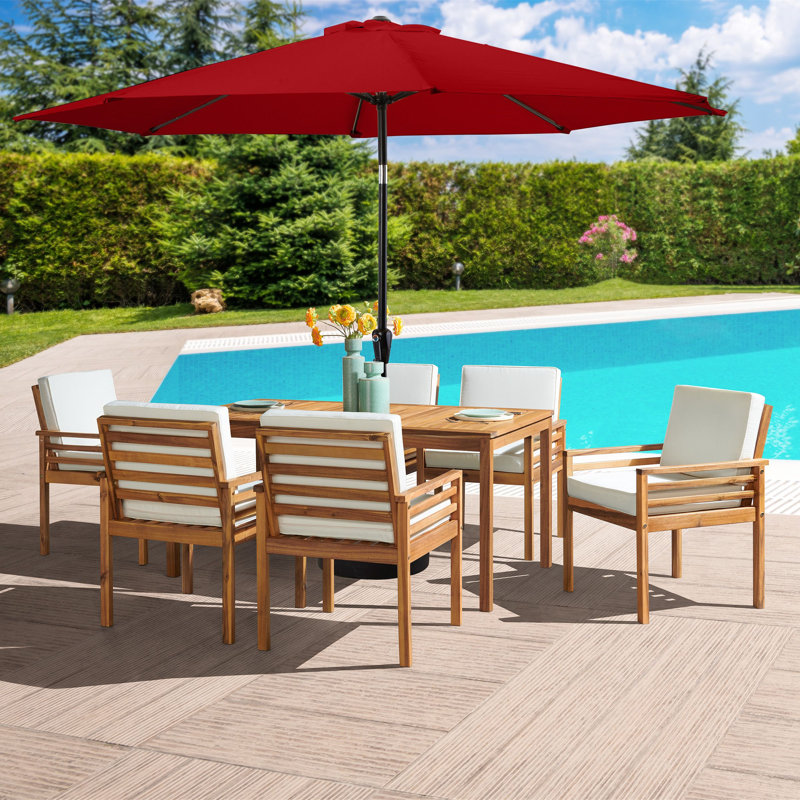 Arjay 8 Pc Patio Dining Set Wood One 63" Table Chairs With Cushions And 1 10-Foot Tilt Umbrella, 6, Red