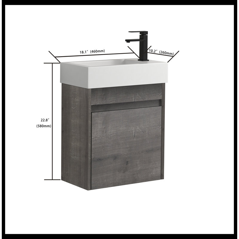 Meuble-lavabo mural 18 po avec lavabo en résine blanche et porte d'armoire à fermeture en douceur 18 po, Chêne gris carreauté