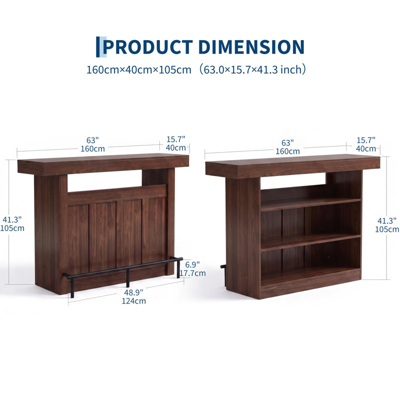 Table de bar moderne de 160 cm (63 pouces) avec rangement ouvert à 4 niveaux et repose-pieds, fini grain de bois, noyer foncé