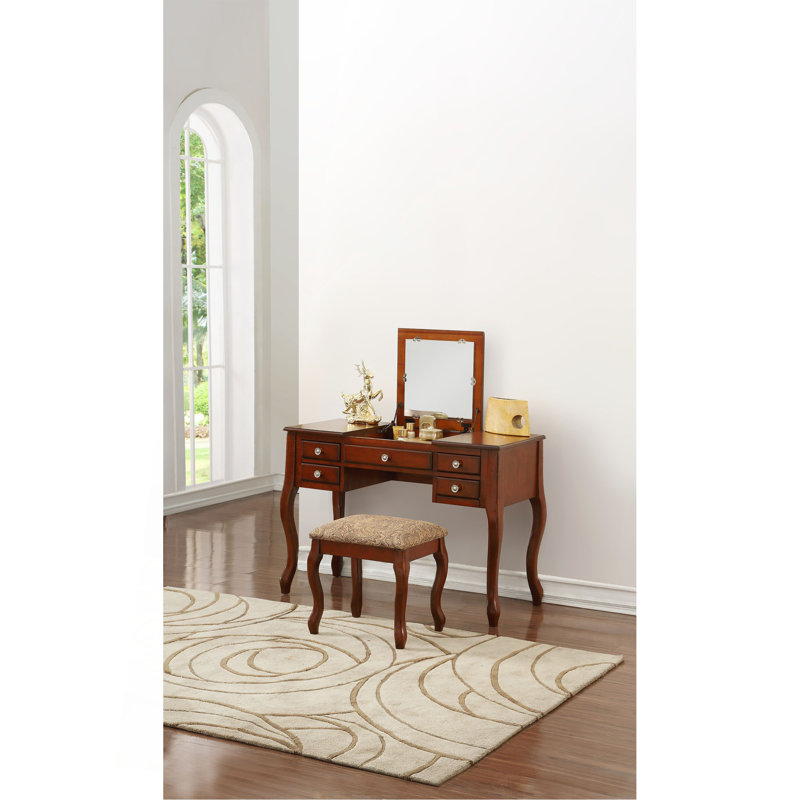 Classic 1Pc Vanity Set W Stool Drawers Open-Up Mirror Bedroom Furniture Unique Legs Cushion Seat Stool Vanity, Cherry