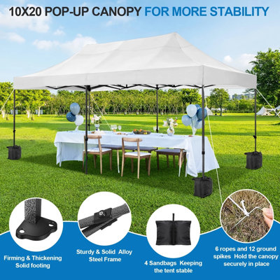 Toile 10 'x 20' EZ Pop Up Canopée Tente Extérieure Anti-UV Étanche Tente Portative Fête de mariage instantanée Auvent Abri toutes saisons avec 6 parois latérales amovibles, 4 sacs de sable, sac à roulettes