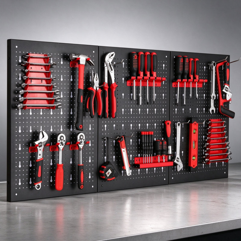 Metal Tool Wall Pegboard Set, 3 Panels Expandable Workshop Pegboard with 17-Piece Hooks & Holders, Wall Mounted Tool Storage Organiser for Workshops