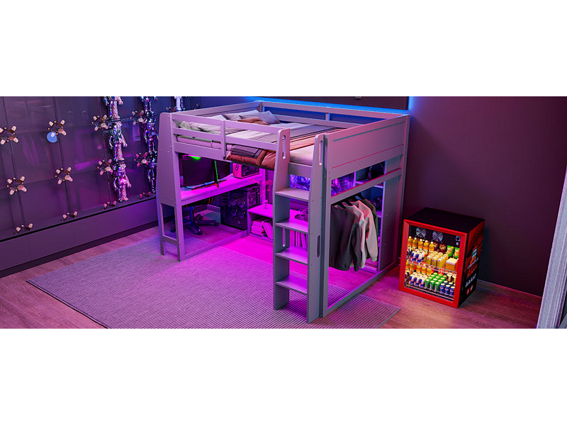 Lit mezzanine double en bois avec bureau, étagères à rangement multiples, DEL et portemanteau suspendu, gris