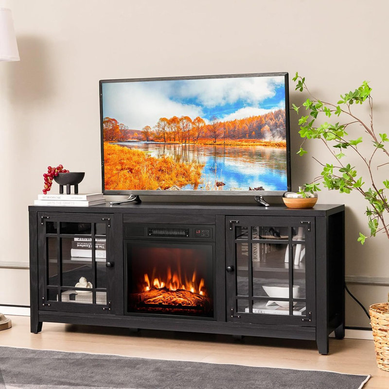 Meuble télé avec foyer électrique, télécommande, tablettes réglables et effets de flamme 3D - Meuble télé avec foyer / bois / moderne