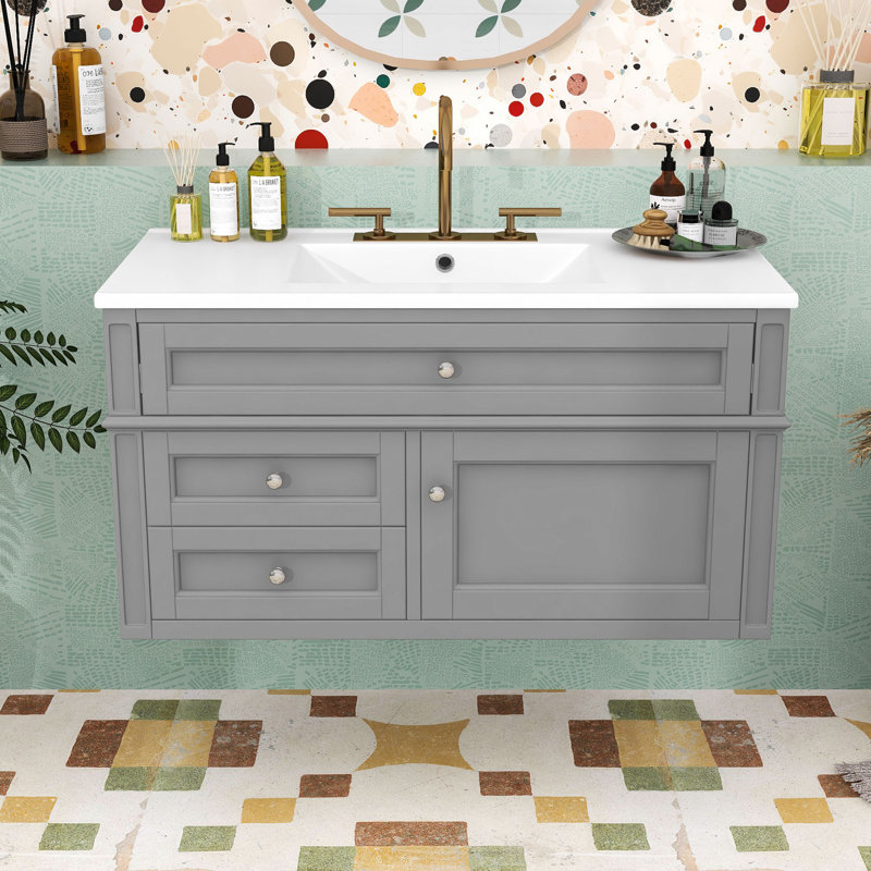 Meuble-lavabo mural flottant avec vasque en céramique, armoire murale avec 2 tiroirs de rangement, Gray