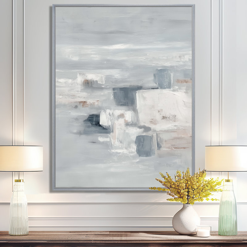Peinture minimaliste grise, formes abstraites, art mural moderne encadré gris, H 40 po x l 30 po, Cadre flottant