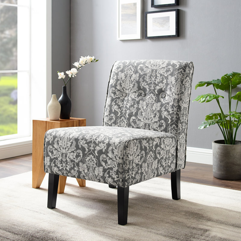 Berniya Upholstered Button Tufted Slipper Chair with Wooden Legs, Gray Damask Polyester Blend