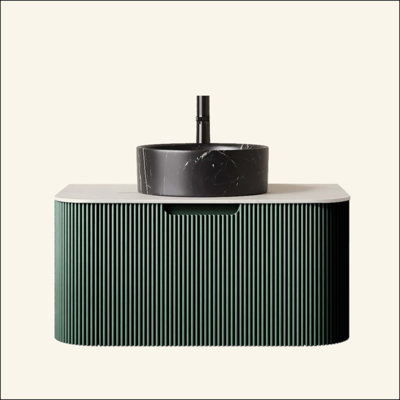 Meuble-lavabo pour salle de bain, armoire de salle de bain en contreplaqué rayé à bordures flottantes avec tiroir, vasque en céramique et plateau en pierre frittée, pré-assemblé