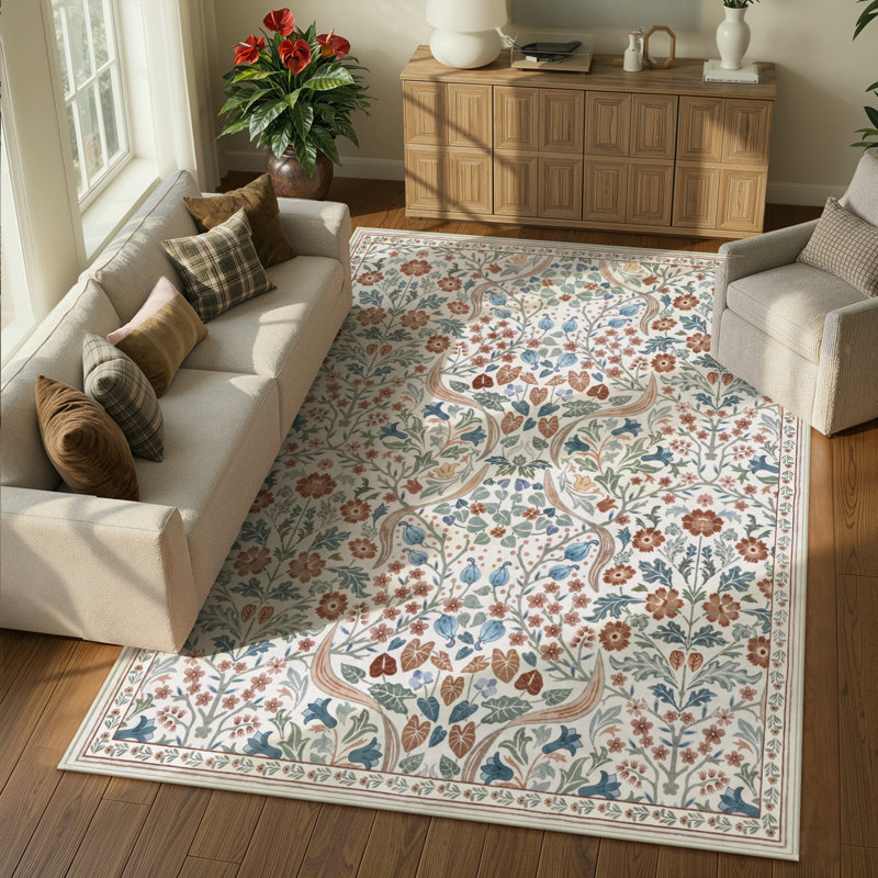 Tapis lavable à motif floral Kaldi, Beige, Rectangle 5 pi x 7 pi