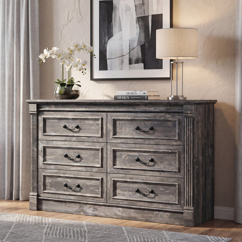 Burlington Farmhouse 6 Drawers Dresser for Bedroom, 47.8" W Large Dressers & Chests of Drawers w/Roman Column, Light Gray