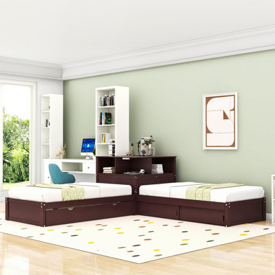 Twin Wood L-Shaped Platform Bed with Desk, LED Light and Twin Trundle