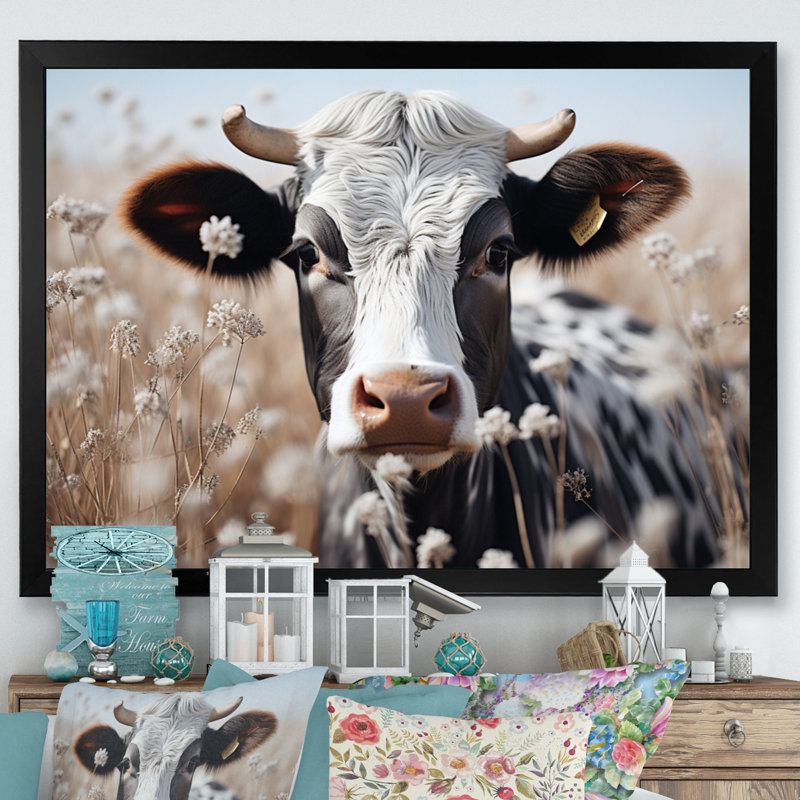 Vache fleur pâturée, reproduction d'art sur toile, H 34 po x l 44 po x P 1,5 po, Cadre photo noir