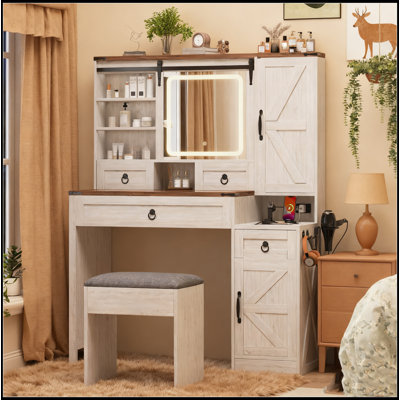 Bureau de coiffeuse avec miroir coulissant et lumières Farmhouse, ensemble de coiffeuse avec plateau en verre et station de charge, coiffeuse avec 4 tiroirs et 2 armoires, coiffeuse avec tabouret pour chambre à coucher