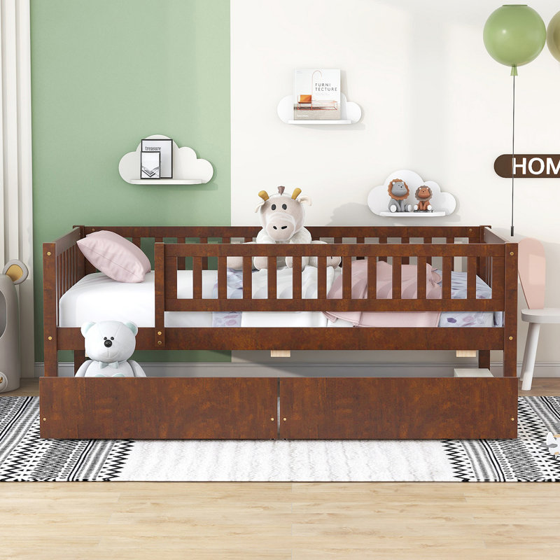 Daybed Wood Bed With Two Drawers, Walnut, Twin