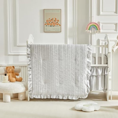 3 Pieces Tufted Stripes Crib Bedding Set With Ruffle Fringe, Grey Ruffled Comforter With Fitted Sheet And Bed Skirt , Soft And Embroidery Shabby Chic Boho Bohemian Jacquard Design For Baby Boys Girls