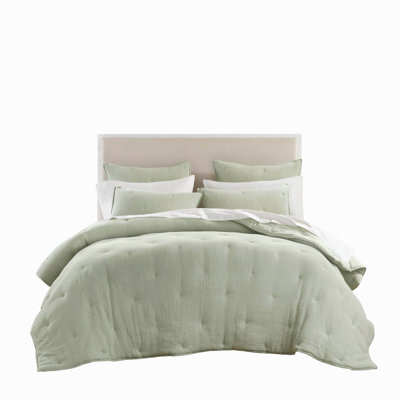 Cotton Embroidered Quilted Quilt Set Sage Full/Queen