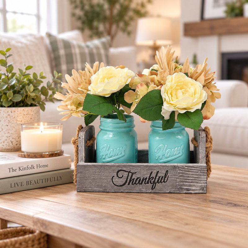 Cozy Blue Mason Jar Table Centerpiece with Rose Bouquet Flowers, Dining & Coffee Table Décor, Blue