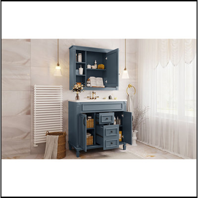 Meuble-lavabo 36 po avec lavabo supérieur, armoire à miroir bleu royal, armoire de rangement moderne avec 2 portes à fermeture douce et 2 tiroirs, meuble-lavabo simple