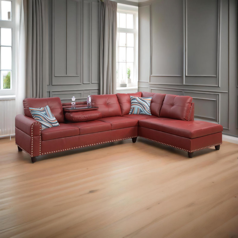 Rainer Sectional Sofa With Drop Down Cup Holder,Faux Leather, Red Faux Leather