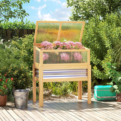 Lit de jardin surélevé en bois avec plateau de serre amovible, lit de jardin surélevé avec pieds et doublure de lit, jardinière surélevée pour fleurs, légumes, herbes, naturel