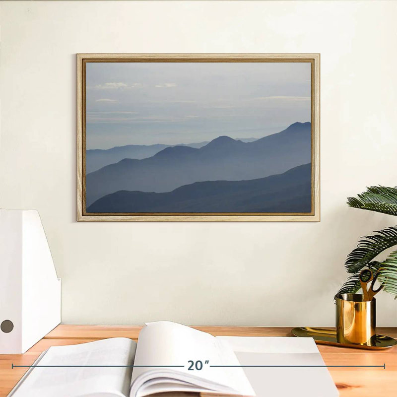 Foggy Mountain Range, Floating Frame Natural Wood, 13" X 9"