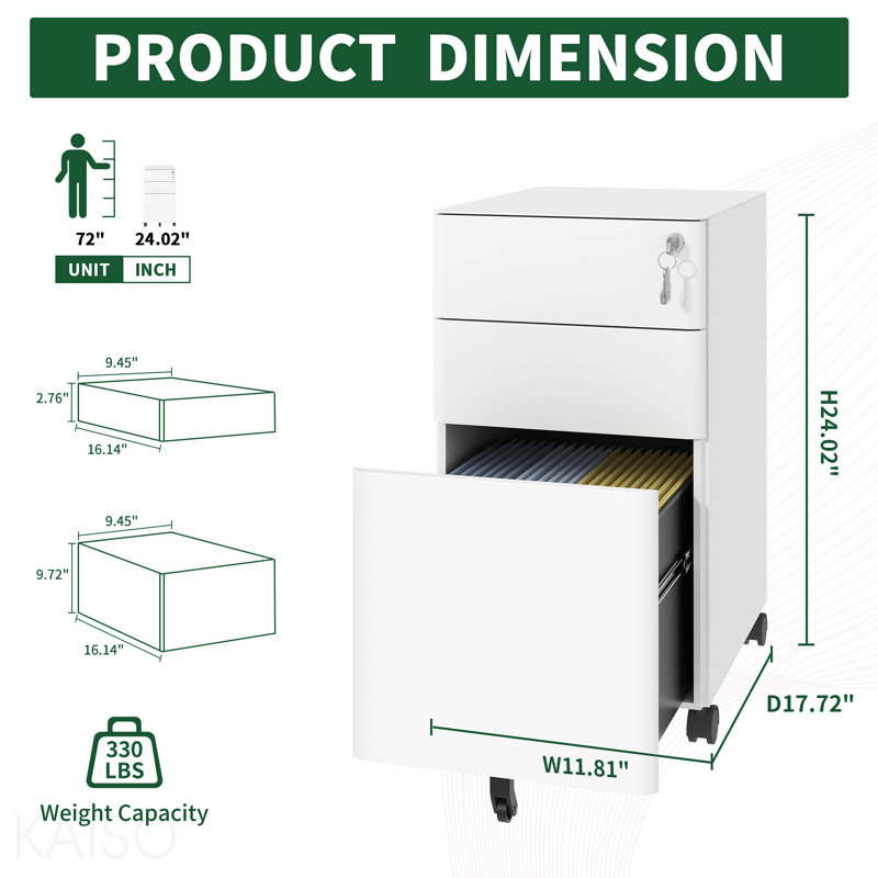 3-Drawer Mobile File Cabinet With Lock, All-Steel Metal Storage On Wheels, Two Shallow & One Deep Drawer For Office/Home, Fully Assembled, White, 110lbs/Drawer, Anti-Tip Design
