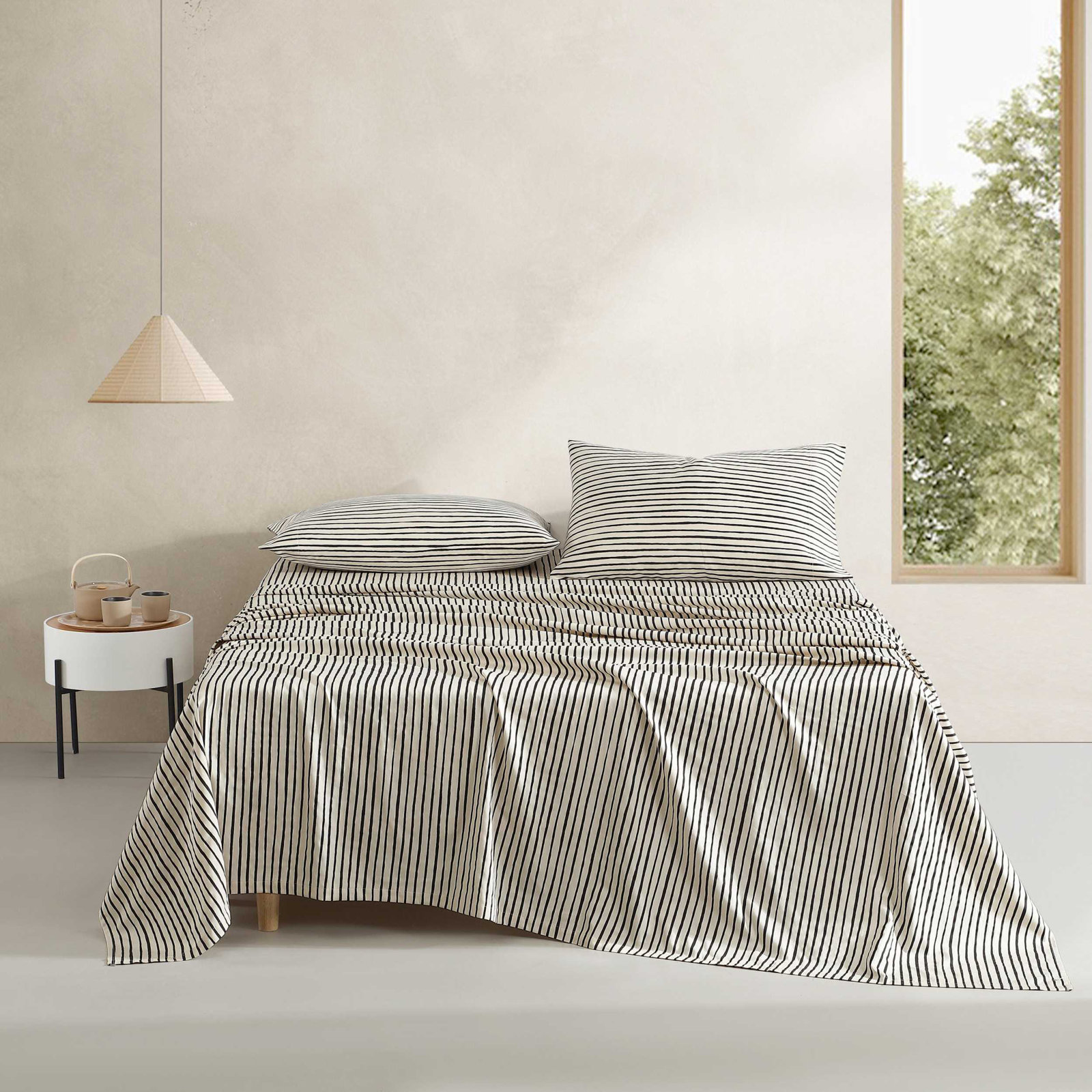 Marimekko Printed Organic Cotton Percale Sheet Sets, Queen Sheet Set with 2 Pillowcases, Black Striped