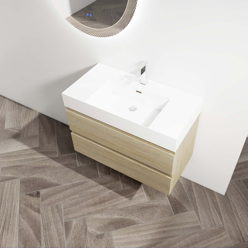 Meuble-lavabo mural avec lavabo en céramique, 2 tiroirs à fermeture en douceur, 35", Chêne clair