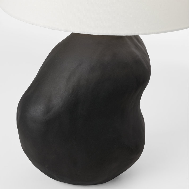 Lampe de table 1 lumière Hable Pacheco au fini céramique avec abat-jour en tissu de lin blanc, Noir brut