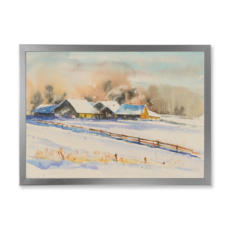 Petit village au coucher du soleil recouvert de neige - peinture sur toile, H 12 po x l 20 po x p 1 po, Encadrement argenté