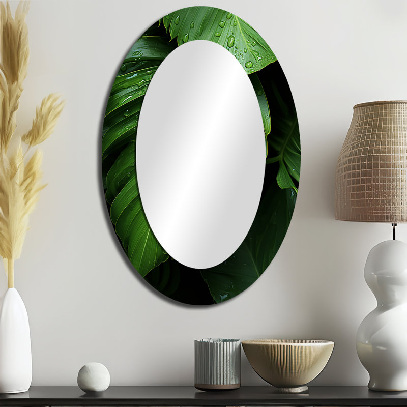 Palm Leaves Serenity - Green Tropical Oval Wall Mirror, 36" H x 24" W
