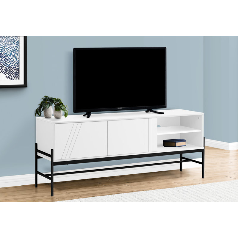 Meuble télé 60 po avec plateau en stratifié blanc et détails en métal noir