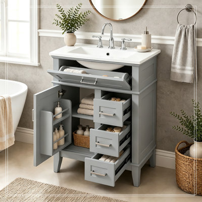 Meuble-lavabo avec lavabo, tiroir rabattable, 3 tiroirs et abri réglable