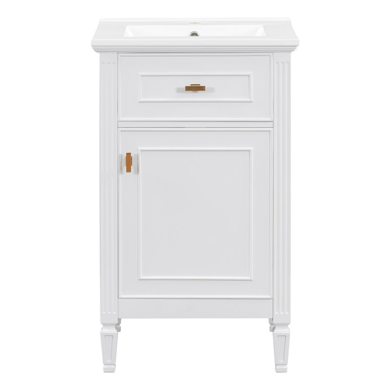 Meuble-lavabo autoportant compact de 20 po avec lavabo en céramique, armoire en bois d'hévéa massif avec tiroir inclinable, organisateur de porte intégré à 2 niveaux et tablette réglable (4 finitions disponibles)