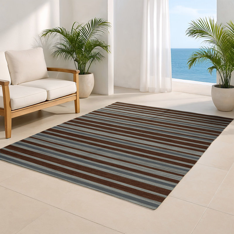 Tapis intérieur / extérieur brun HorizontalStripes, Rectangulaire 8 pi x 10 pi