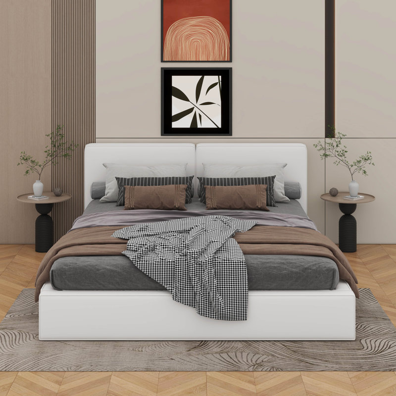 Grand lit plateforme tapissier avec tissu en velours, Beige