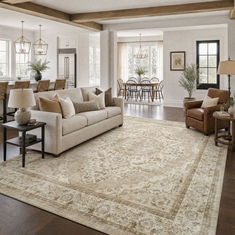 Tapis beige délavé doux et antidérapant, Beige, Rectangle 8' x 10'