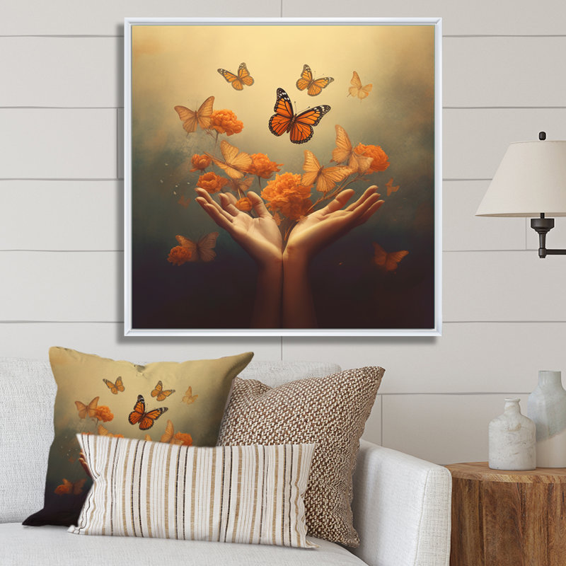 Blossoming Butterfly Blessing Mudra On Canvas Print, White Floater Framed, 44" H x 44" W