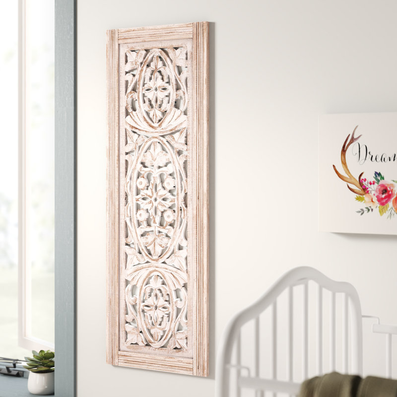 Rectangular Mango Wood Wall Panel Hand Crafted With Intricate Carving, White and Brown