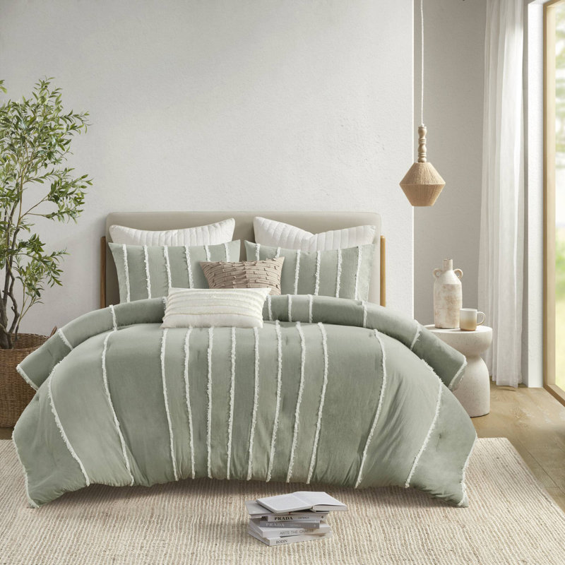 Ensemble d'édredon en coton 3 pièces Shay, Sauge, Édredon double / grand + 2 taies décoratives sta