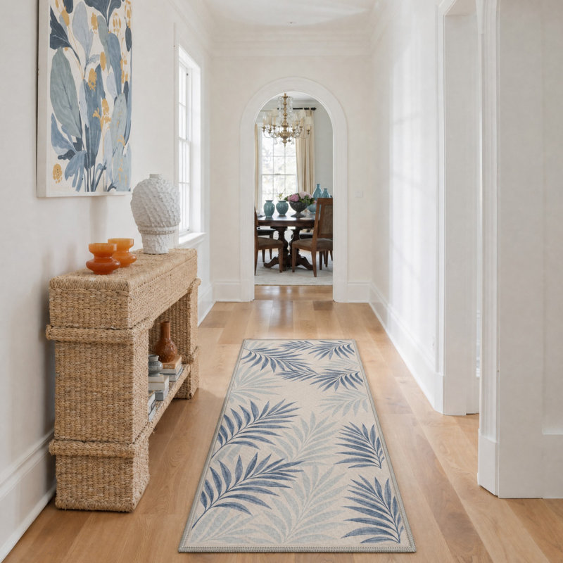 Tapis de couloir floral ivoire / bleu lavable à la machine avec envers antidérapant, Runner 2' x 6'