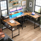 Manasa 83" U-Shape Computer Desk with LED Light Strip and Sockets