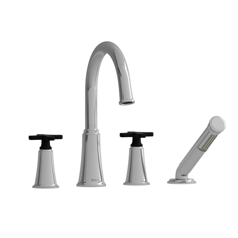 Momenti 4-Hole Deck Mount Tub Filler with C-Spout, Cross Handle, Chrome/Black
