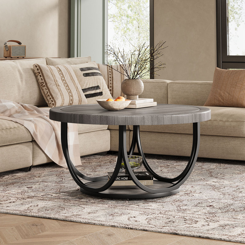 35.4" Round Coffee Table, 2 -Tier Accent Cocktail Table, Gray/Black