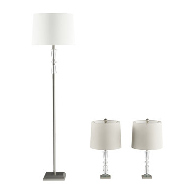 Liberatore Crystal Double Tiered Lamps with Shades-Set of 3 Faceted Brushed Silver Base Matching Table and Floor Lamps-Elegant Lighting-Home Décor