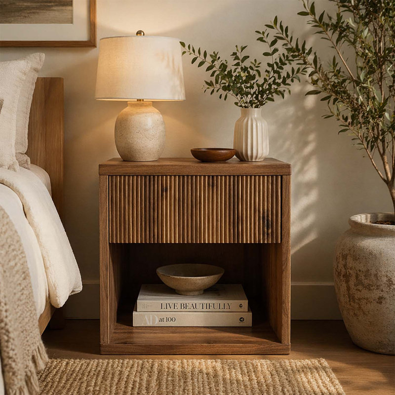 Table de chevet moderne avec rangement de tiroir, conception cannelée et compartiment ouvert pour la chambre à coucher et le salon
