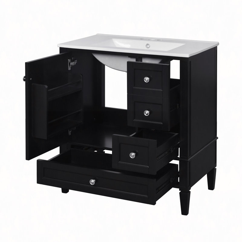 Meuble-lavabo de 30 po avec lavabo en céramique, armoire de rangement à 3 tiroirs, idéal pour la maison, Noir, Blanc