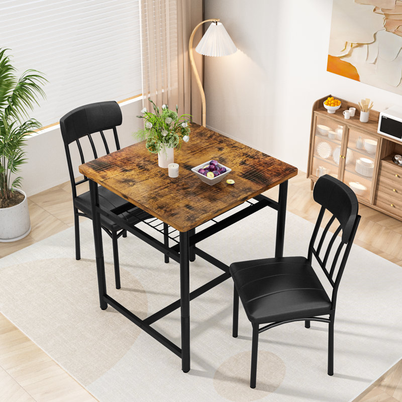 3-Piece Square Dining Table Set, Retro Farmhouse Style Small Kitchen Table And Chairs Set With MDF Table Top And Metal Frame, Space-Saving Bar Table Set For 2 With Wine Rack, For Small Space, Dining Room, Apartment